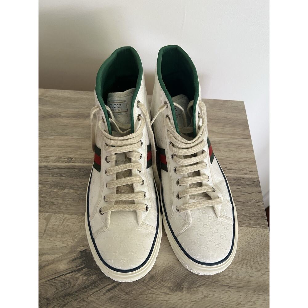 Size 11 - Gucci Tennis 1977 High Top White Mini GG Sneakers Stripe Shoes - Picture 9 of 11